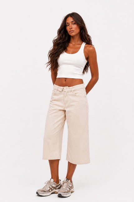 Beige Denim Cropped Wide-Leg