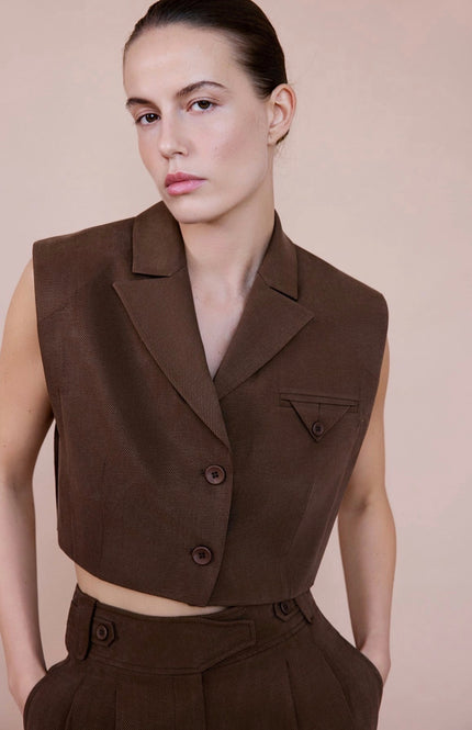 Blazer Collar Padded Crop Brown Vest