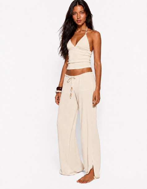 Off White Ribbed Wide Leg Pants