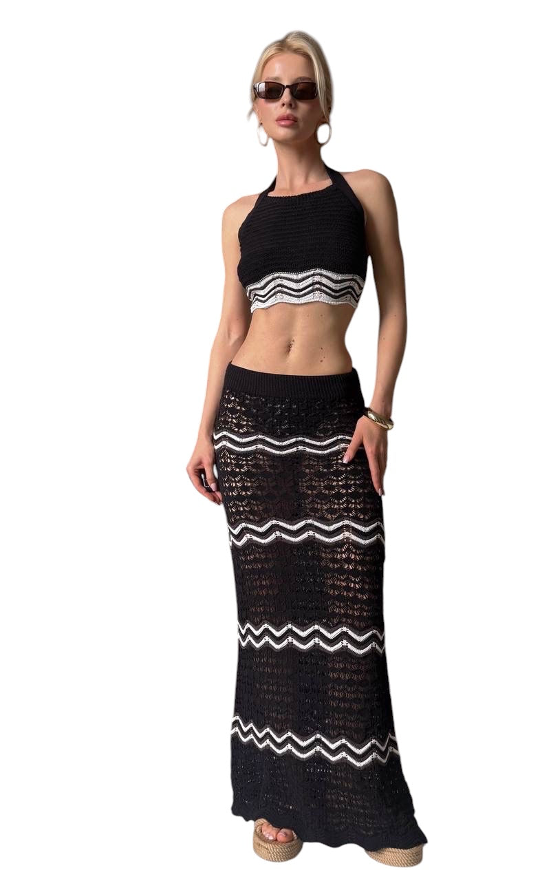 Black & White Crochet Two-Piece Set - Crop Top & Maxi Skirt
