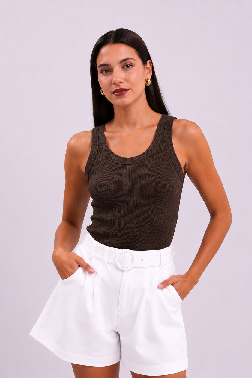 Brown Shiny Look Crew Neck Tank Top