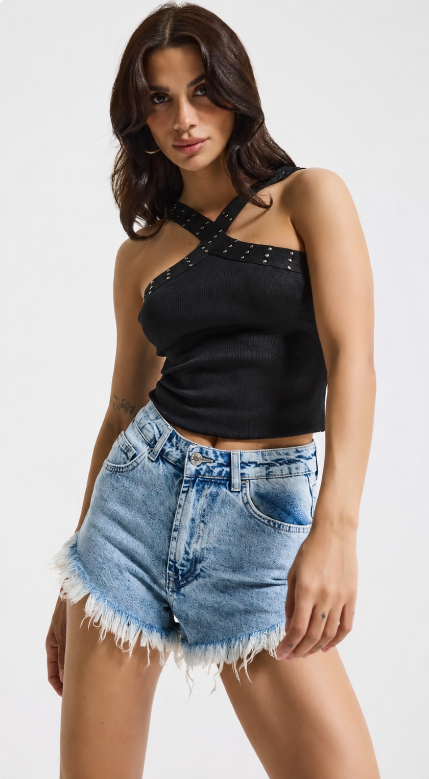 Black Halter Neck Top with Stud Detail