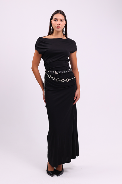 Black Off-Shoulder Draped Dress with Belts