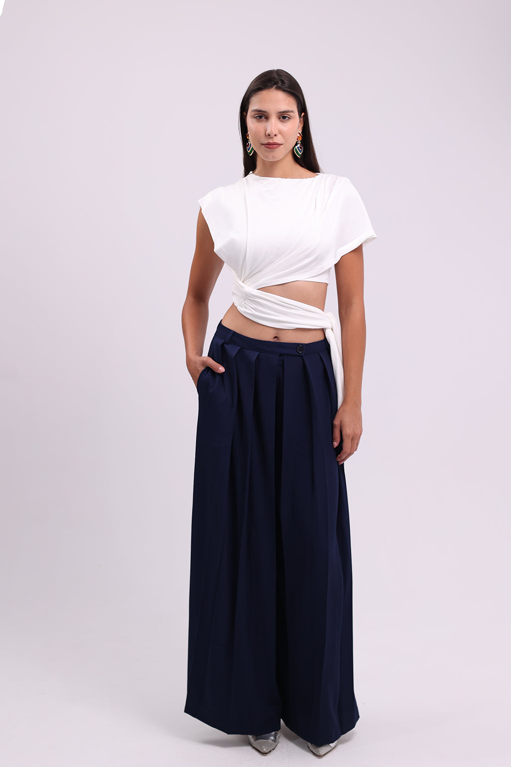 Navy Pleated Palazzo Pants