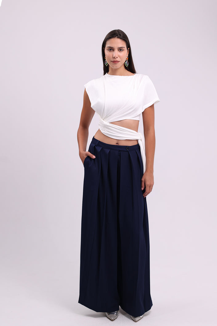 Navy Pleated Palazzo Pants