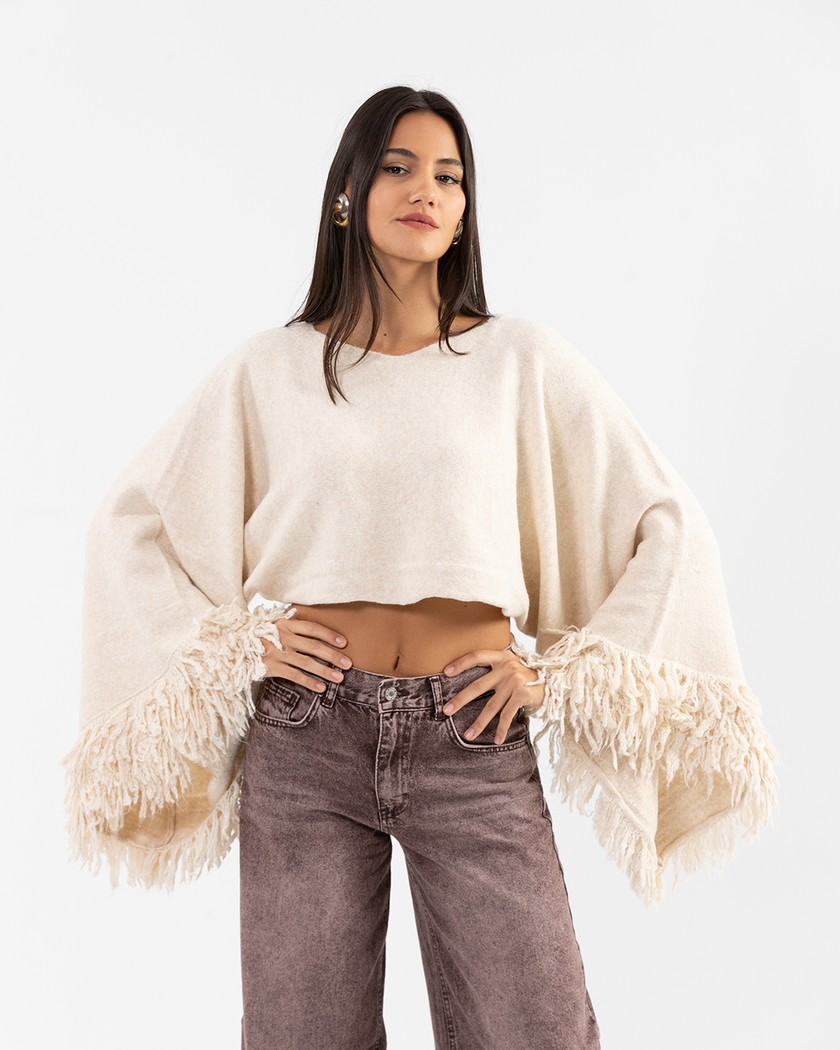 Crème Fringe Sleeve Pullover
