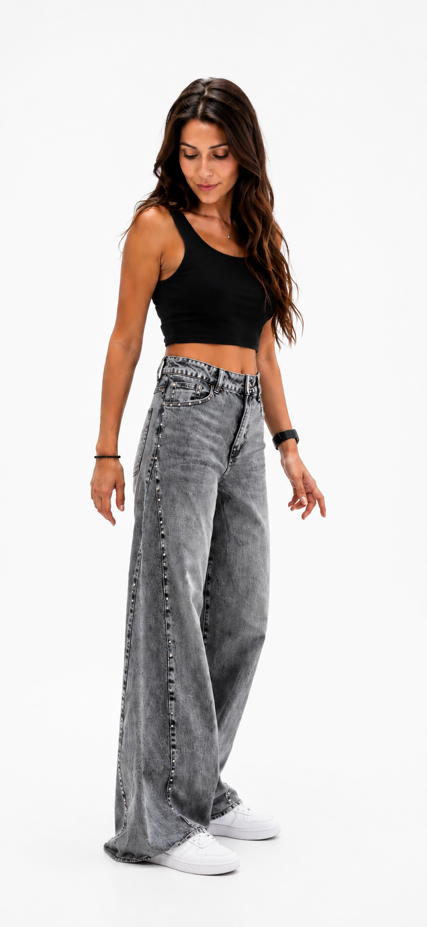 High Waist Grey Denim with Stud Details
