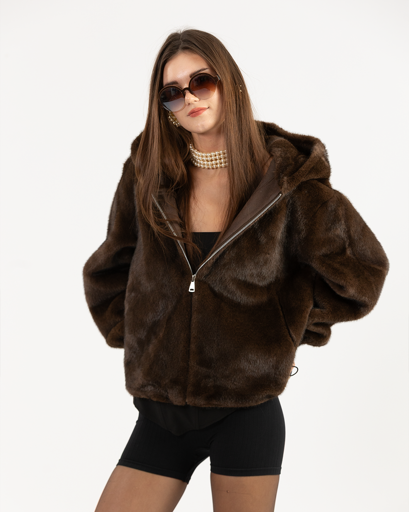 Brown Hooded Faux-Fur Jacket with Zip-Up Front