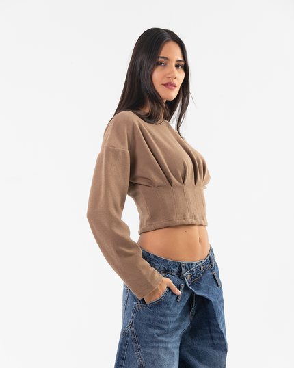 Brown Cropped Draped Sweatshirt