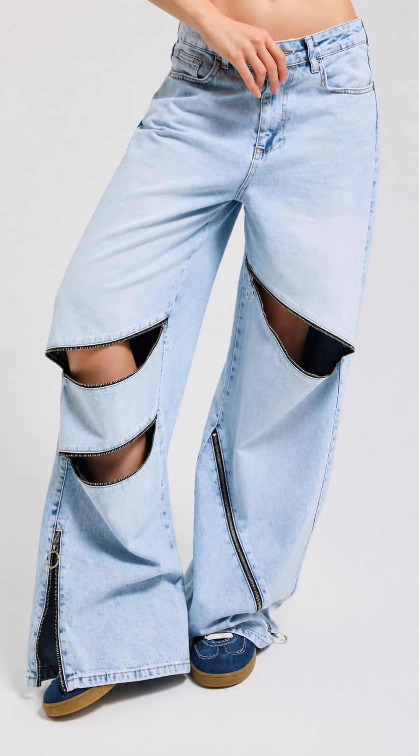 Raw Cut Light Blue Denim with Zipper Details
