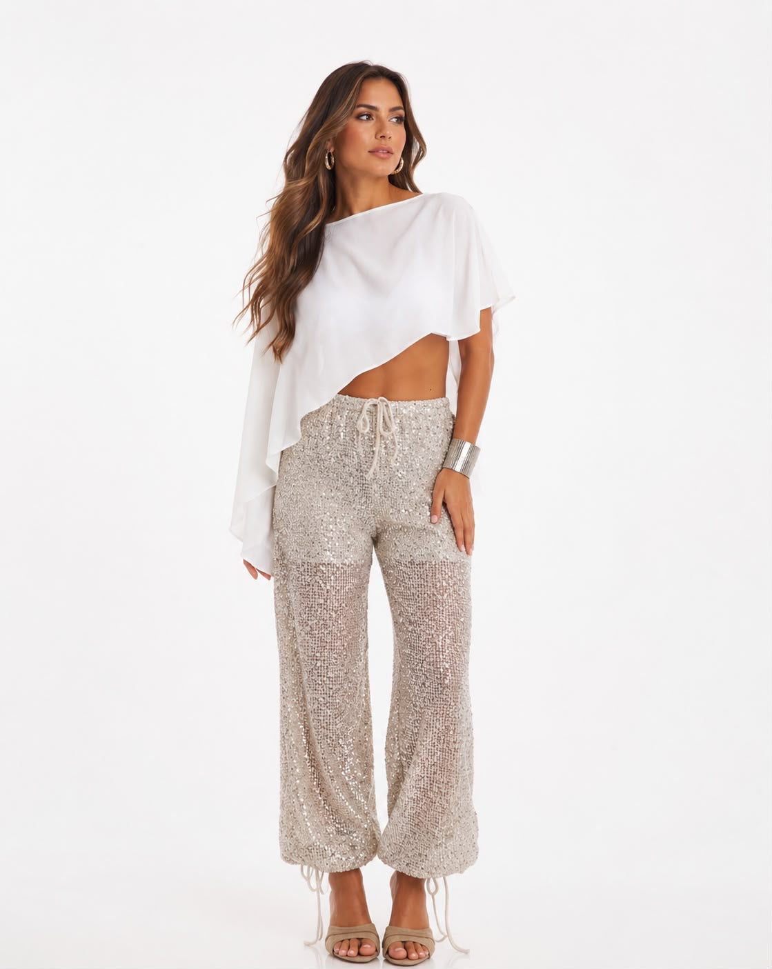 Champagne Sheer Sequin Wide Leg - Ankle Tie Pants
