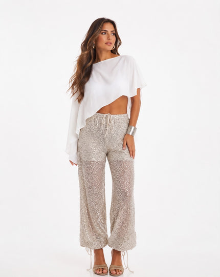 Champagne Sheer Sequin Wide Leg - Ankle Tie Pants