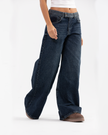 Wide-Leg Blue Denim Jeans with Tweed Waistband Detail