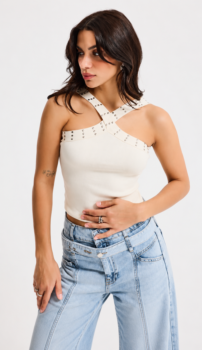 Creme Halter Neck Top with Stud Detail