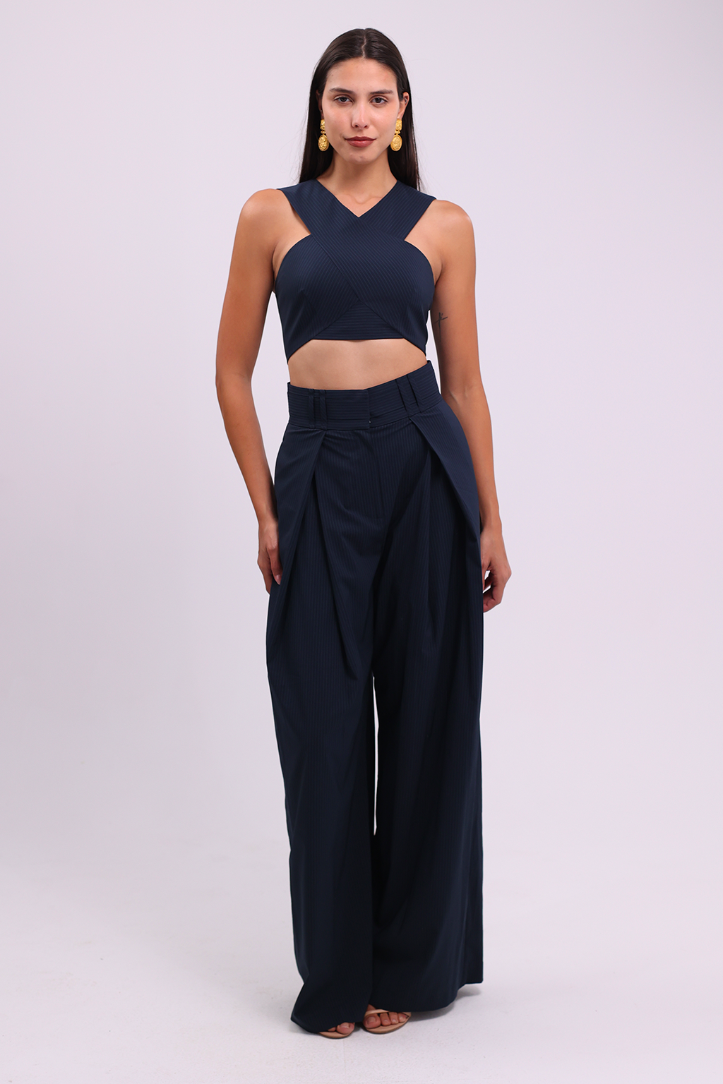 Striped Navy Wide Leg Trousers