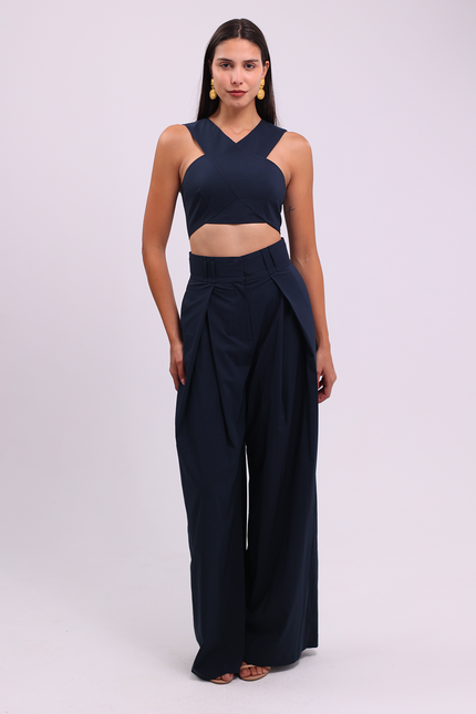 Striped Navy Wide Leg Trousers