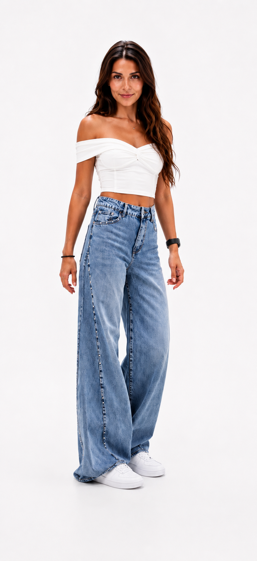 High Waist Blue Denim with Stud Details