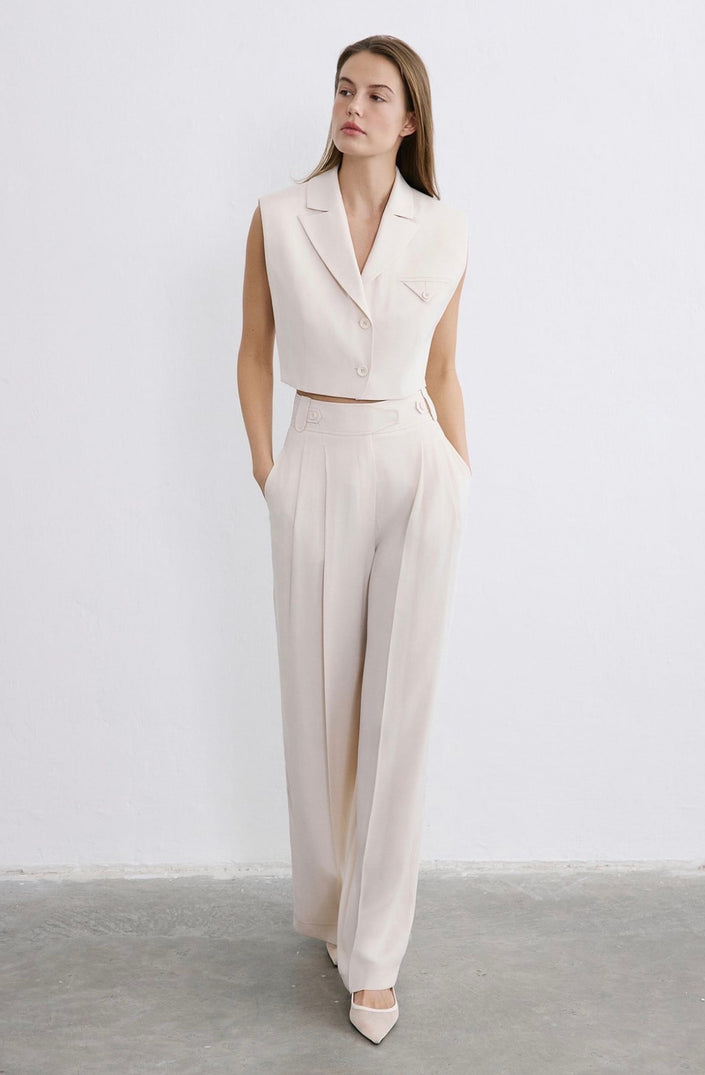 High Waist Wide Leg Pleated Ecru Trousers