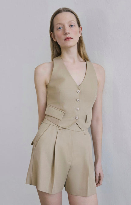 Linen Blend Belted Mini Camel Shorts