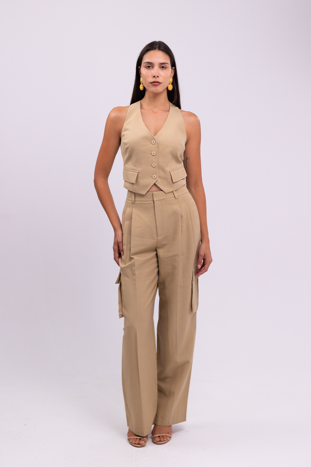 Linen Blend High Waist Wide Leg Camel Pants