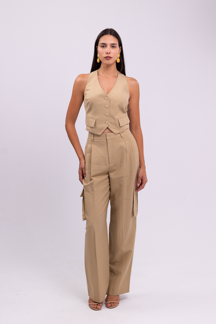 Linen Blend High Waist Wide Leg Camel Pants