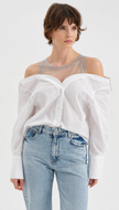 White Blouse with Rhinestone-Studded Sheer Mesh Panel