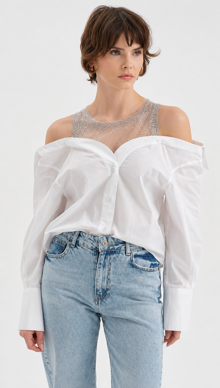 White Blouse with Rhinestone-Studded Sheer Mesh Panel