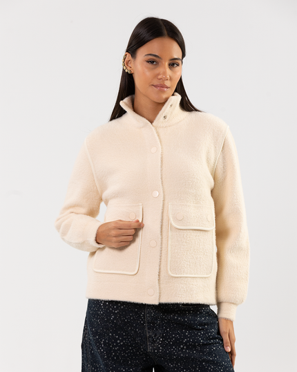 Cream Boucle Jacket with Oversized Flap Pockets