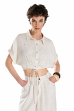 Crop Linen Shirt with Pearl and Stone Detail