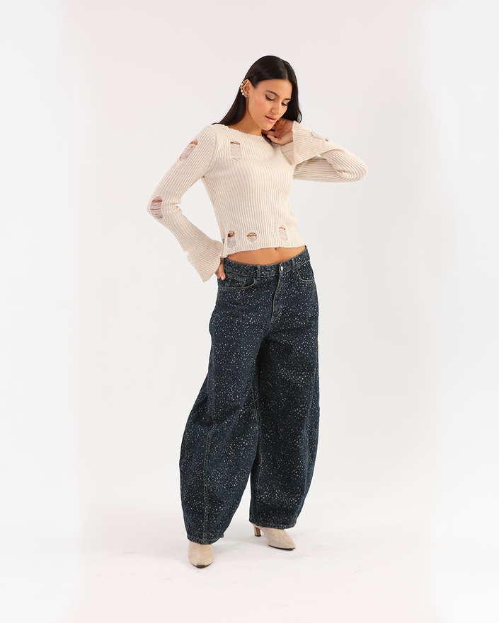 Dark Baggy Wide-Leg Barrel Jeans with Sparkle Effect