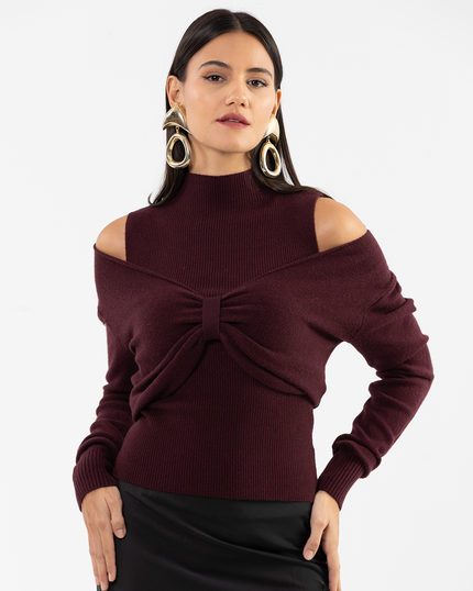 Burgundy Bow Layered Two-Piece Knit Pullover