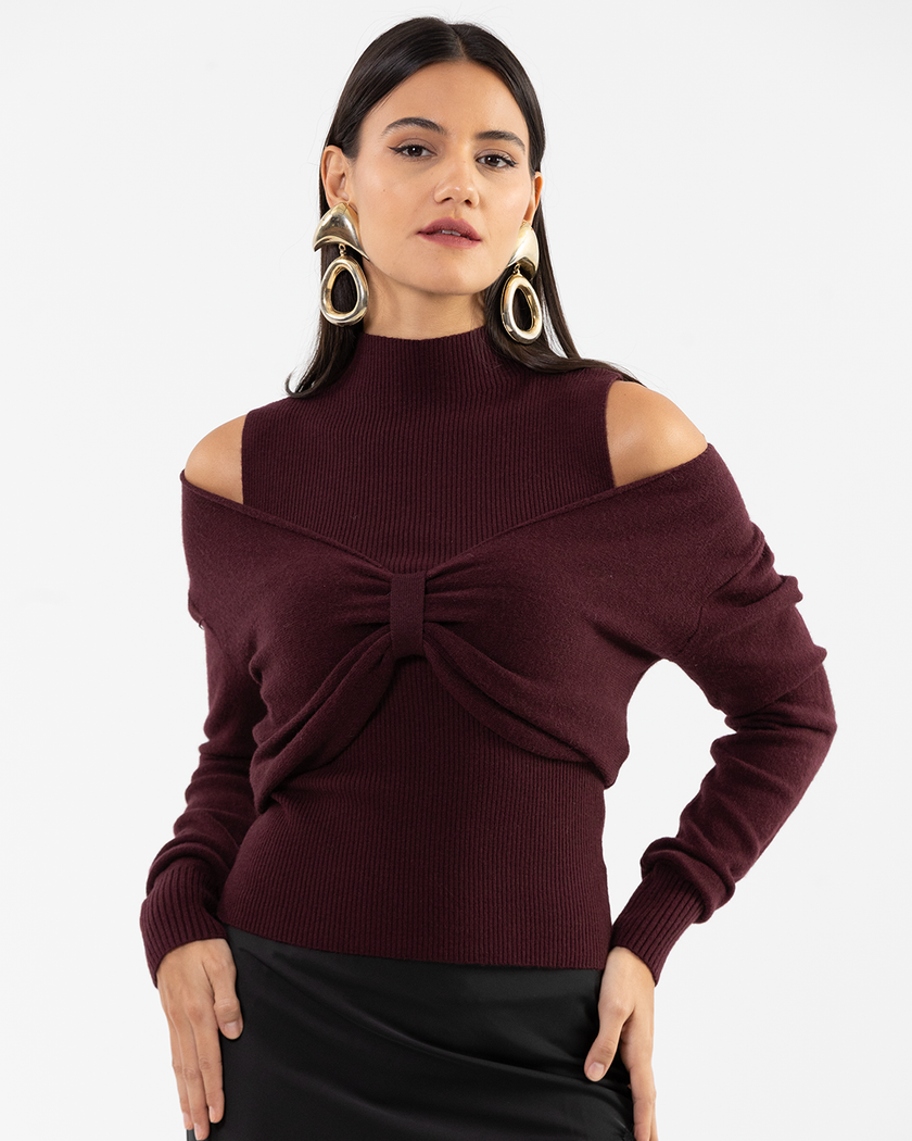 Burgundy Bow Layered Two-Piece Knit Pullover