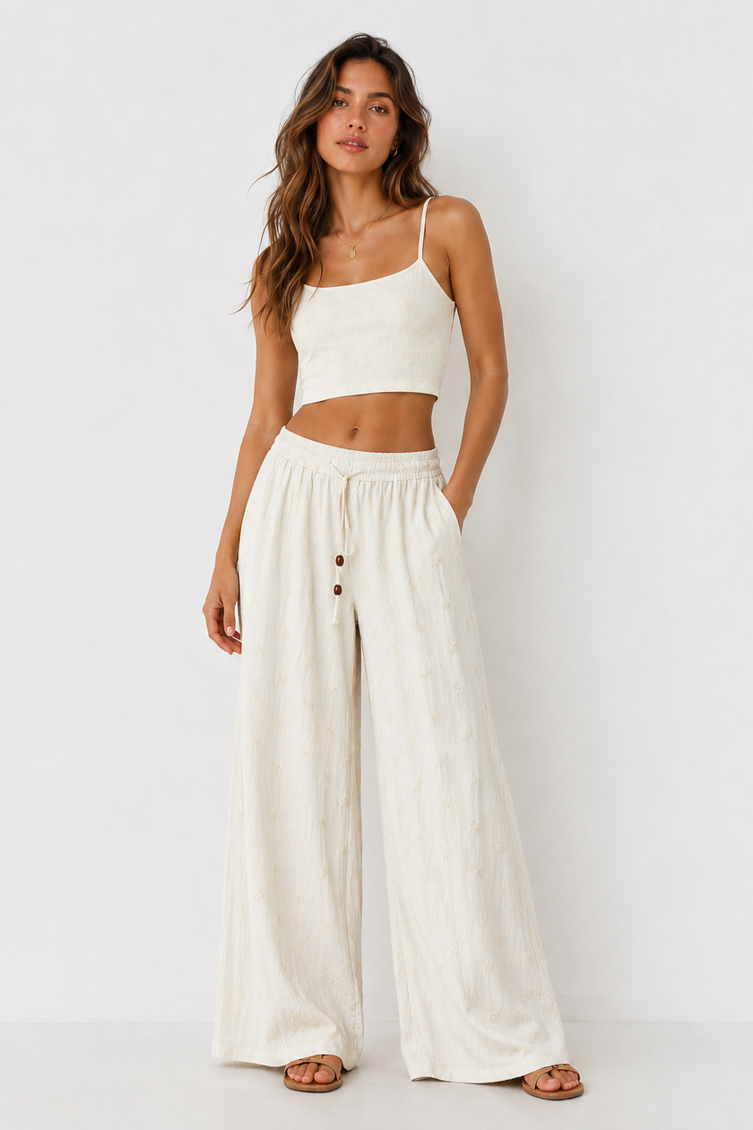Ivory Embroidered Wide-Leg Pants with Bead Detail
