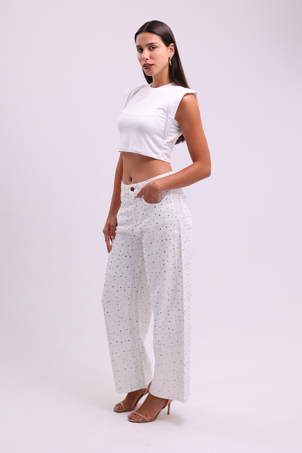 Embellished White Straight Jeans