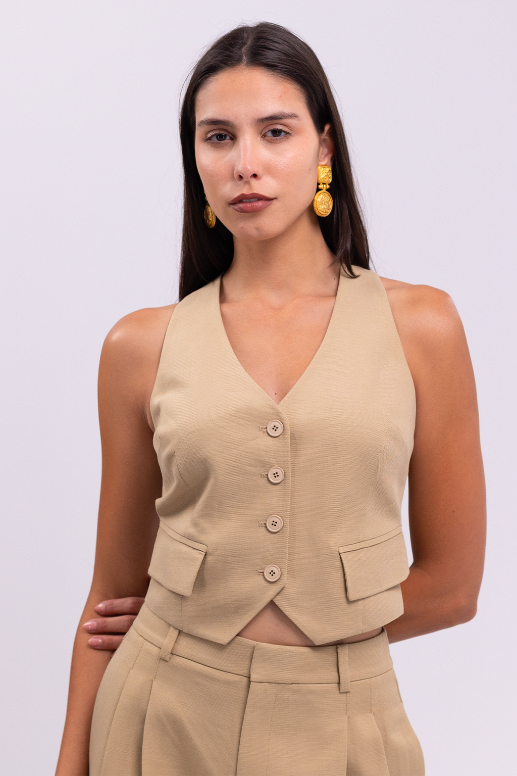 Linen Button Front Short Camel Vest