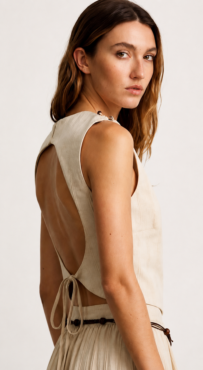 Beaded Shoulder Beige Top with Back Cut-out Detail