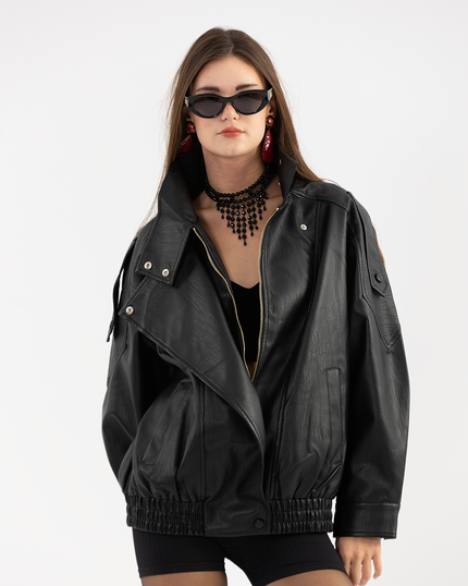 Oversized Black Leather Biker Jacket