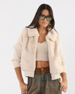 Cream Zip-up Jacket with Faux Fur Collar and Ribbed Knit Sleeves