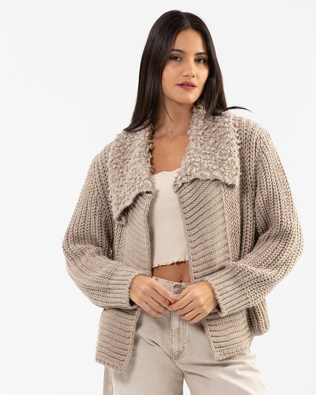 Beige Textured Knot Cardigan