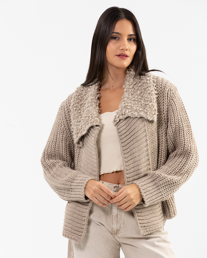 Beige Textured Knot Cardigan