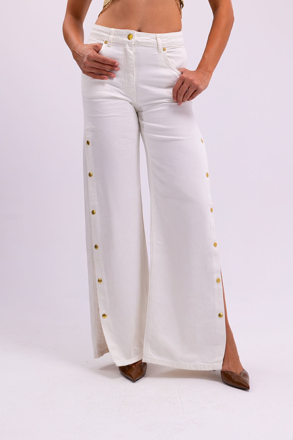 Wide-Leg Denim with Side Slit Gold Buttons