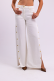 Wide-Leg Denim with Side Slit Gold Buttons