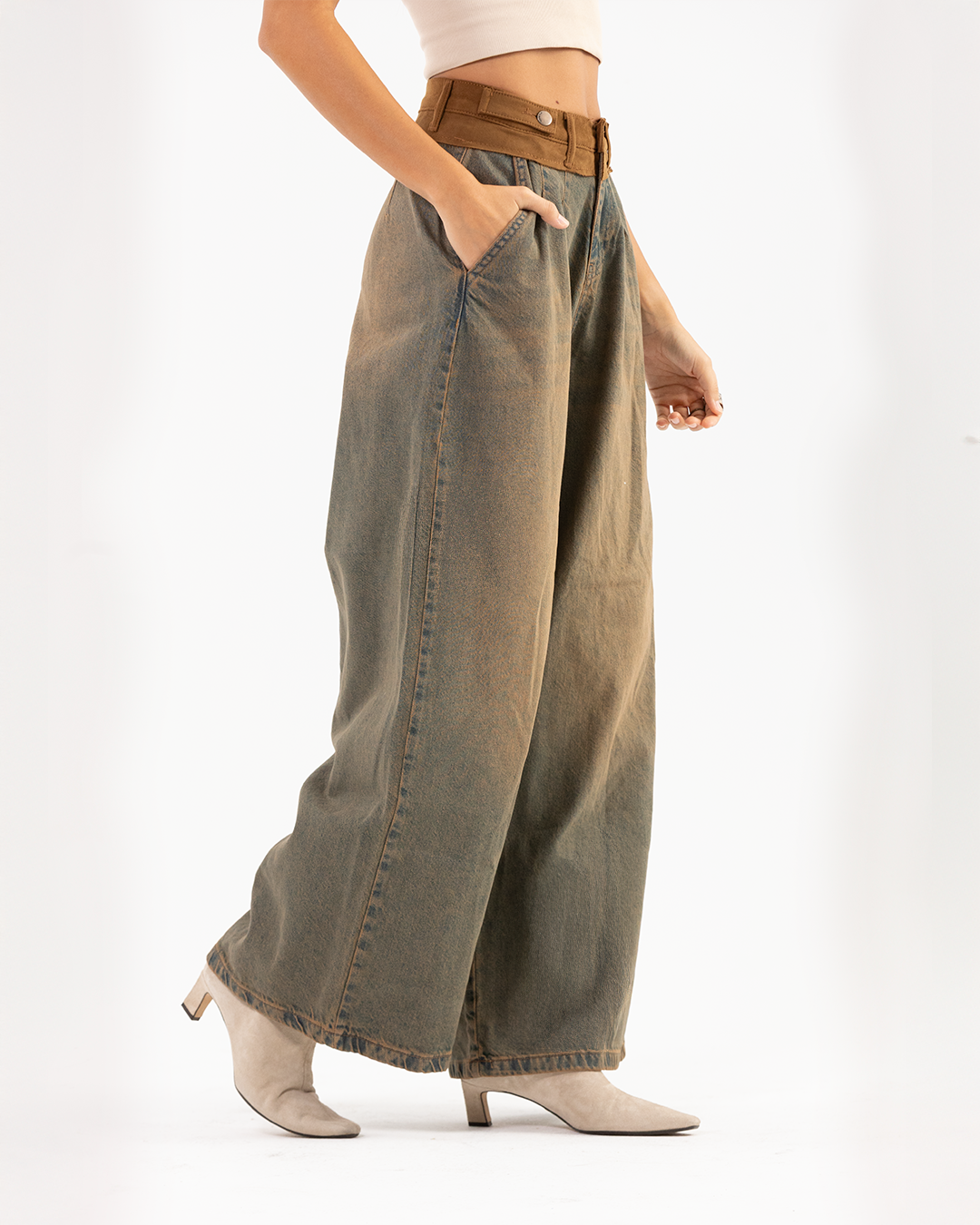 Vintage-Wash Brown Denim Pants with Brown Waistband