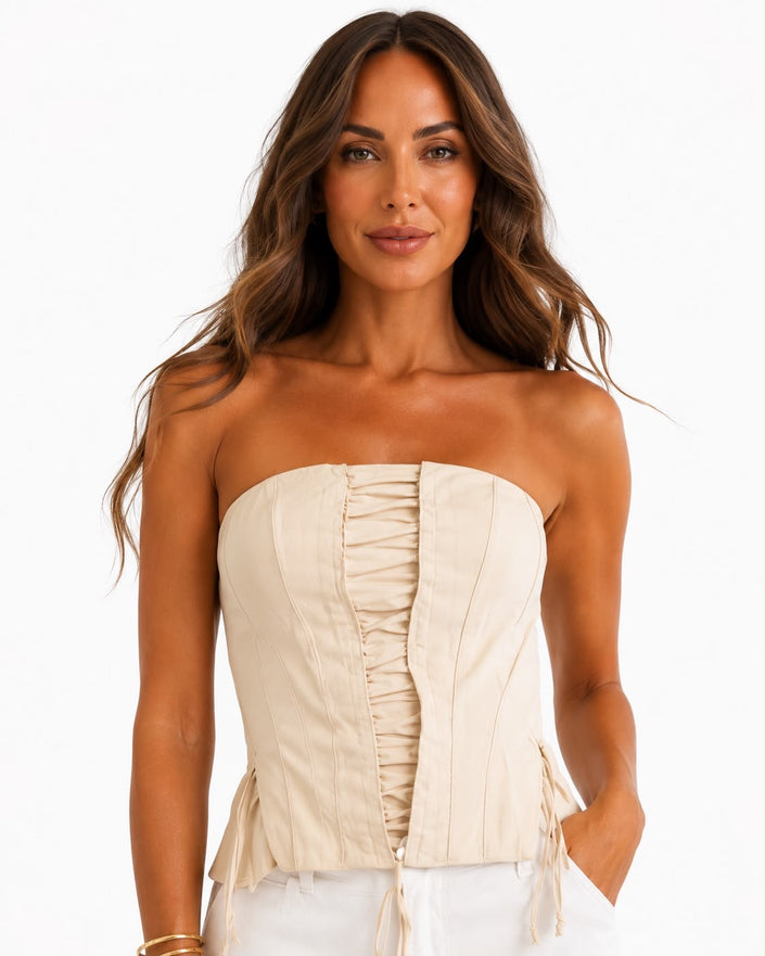 Beige Corset Top with Front Zipper & Tassel Details