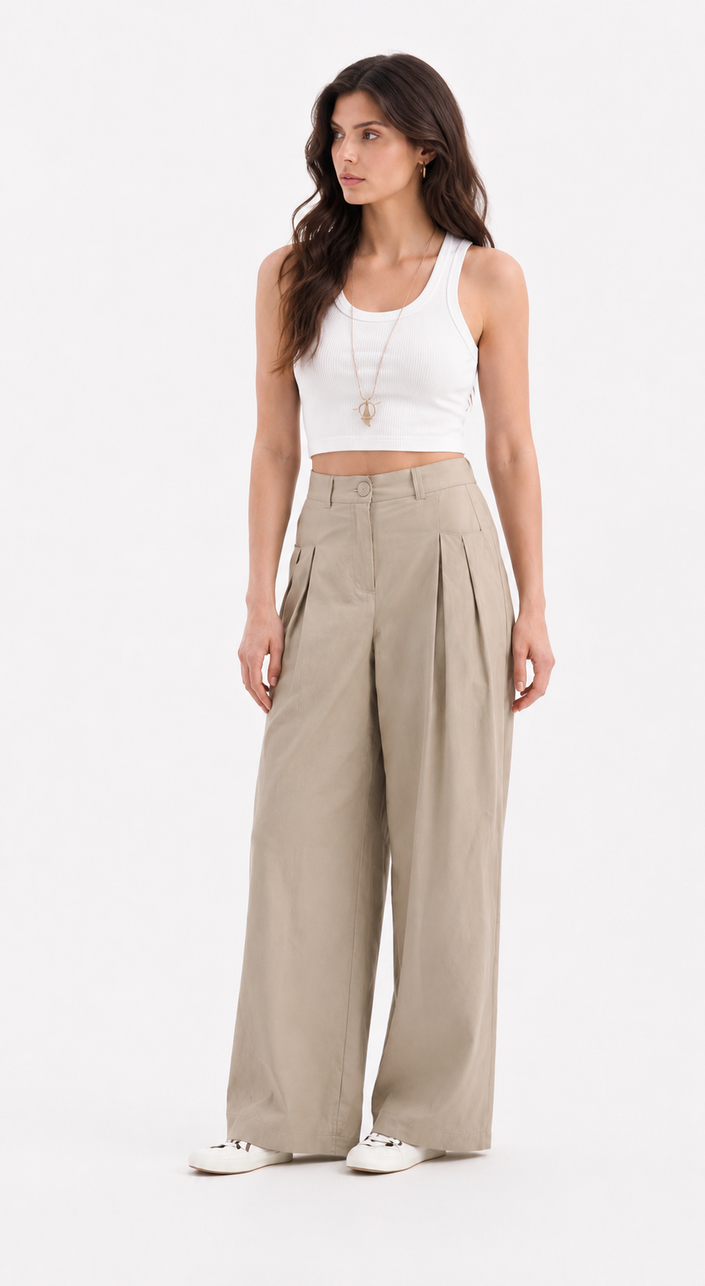 Wide Leg Trousers in Beige with Pleat Detail