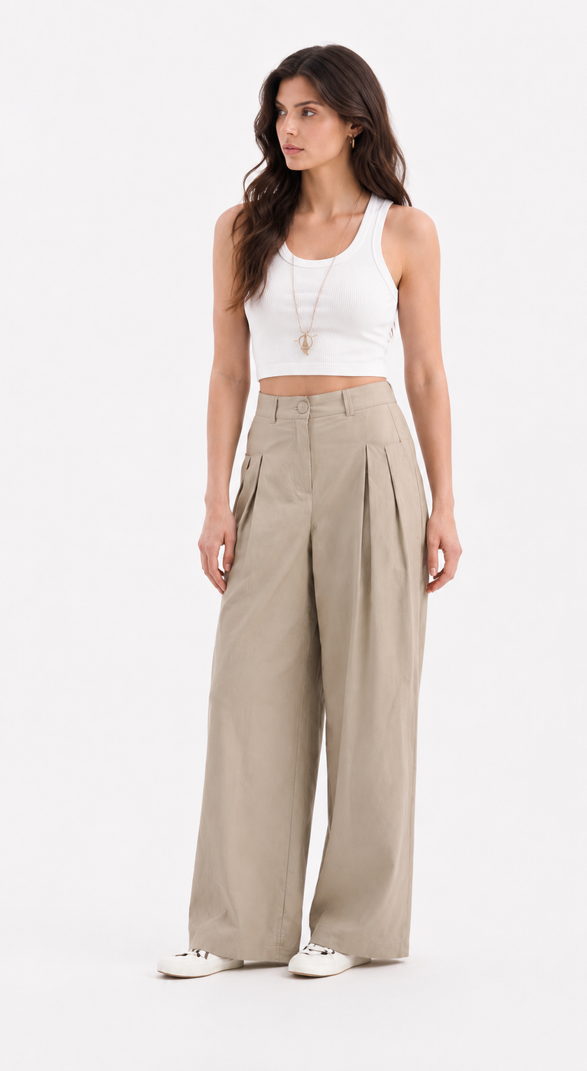 Wide Leg Trousers in Beige with Pleat Detail
