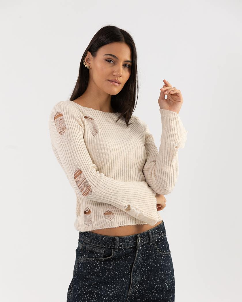 Crème Ribbed Knit Sweater