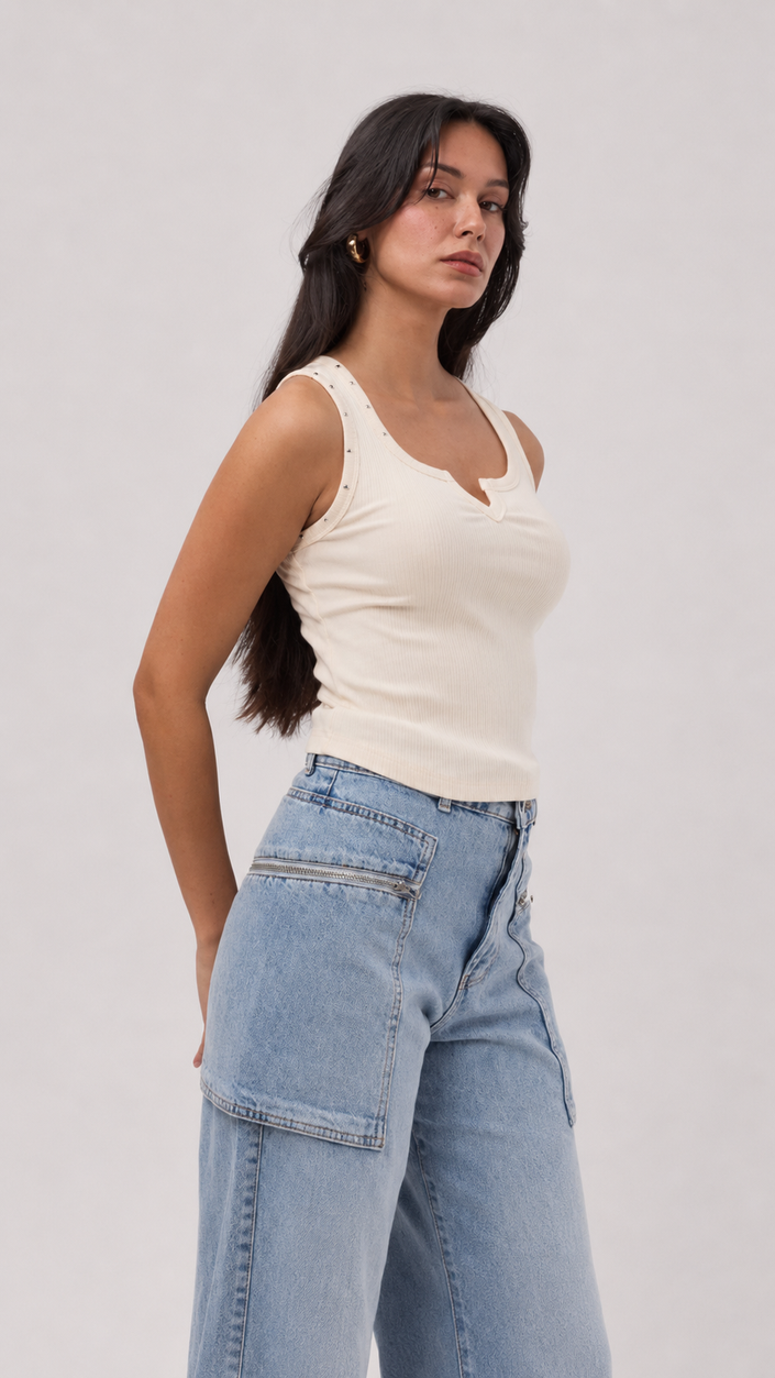 Creme Ribbed Top with Metal Button Detail