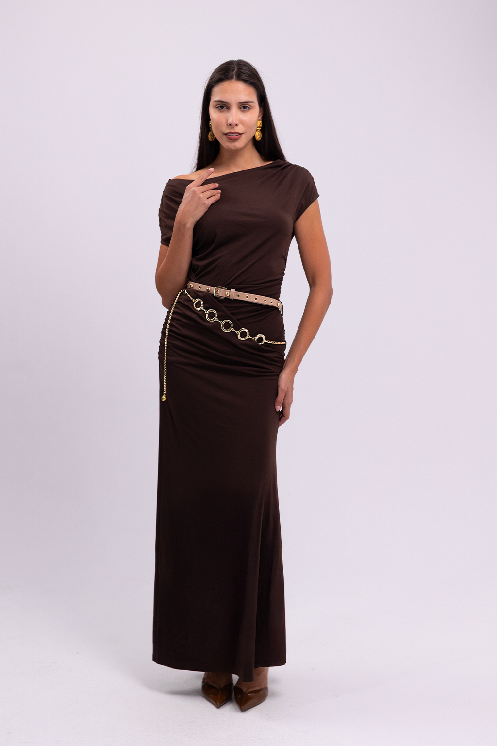 Brown Off-Shoulder Draped Dress with Belts