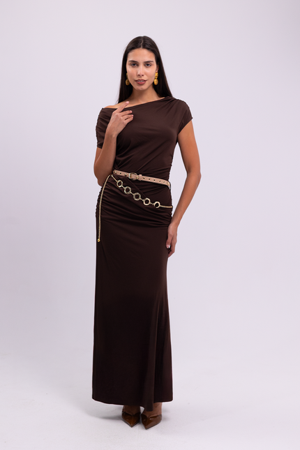 Brown Off-Shoulder Draped Dress with Belts
